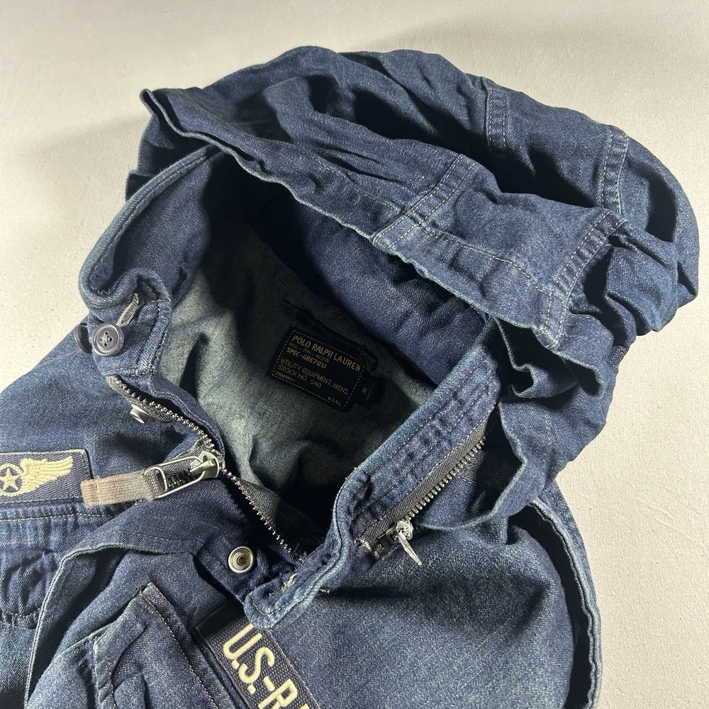 Polo Ralph Lauren Military Denim Field Jacket Hooded US RL Flag Utility Mens M - Picture 12 of 13